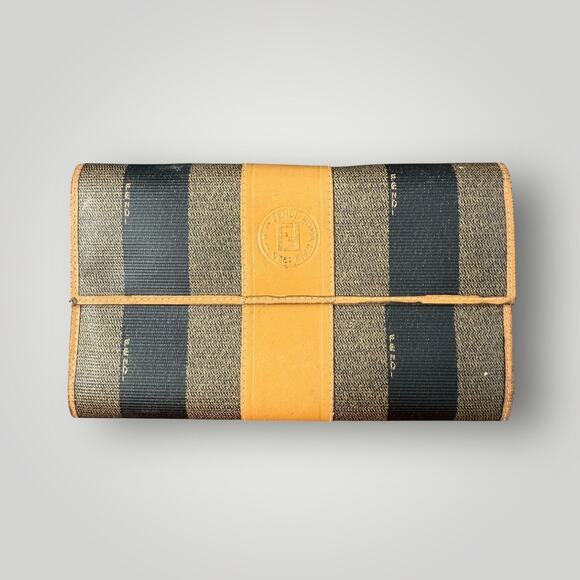 Vintage Fendi Pequin Stripe Canvas & Leather Wallet - Picture 1 of 16